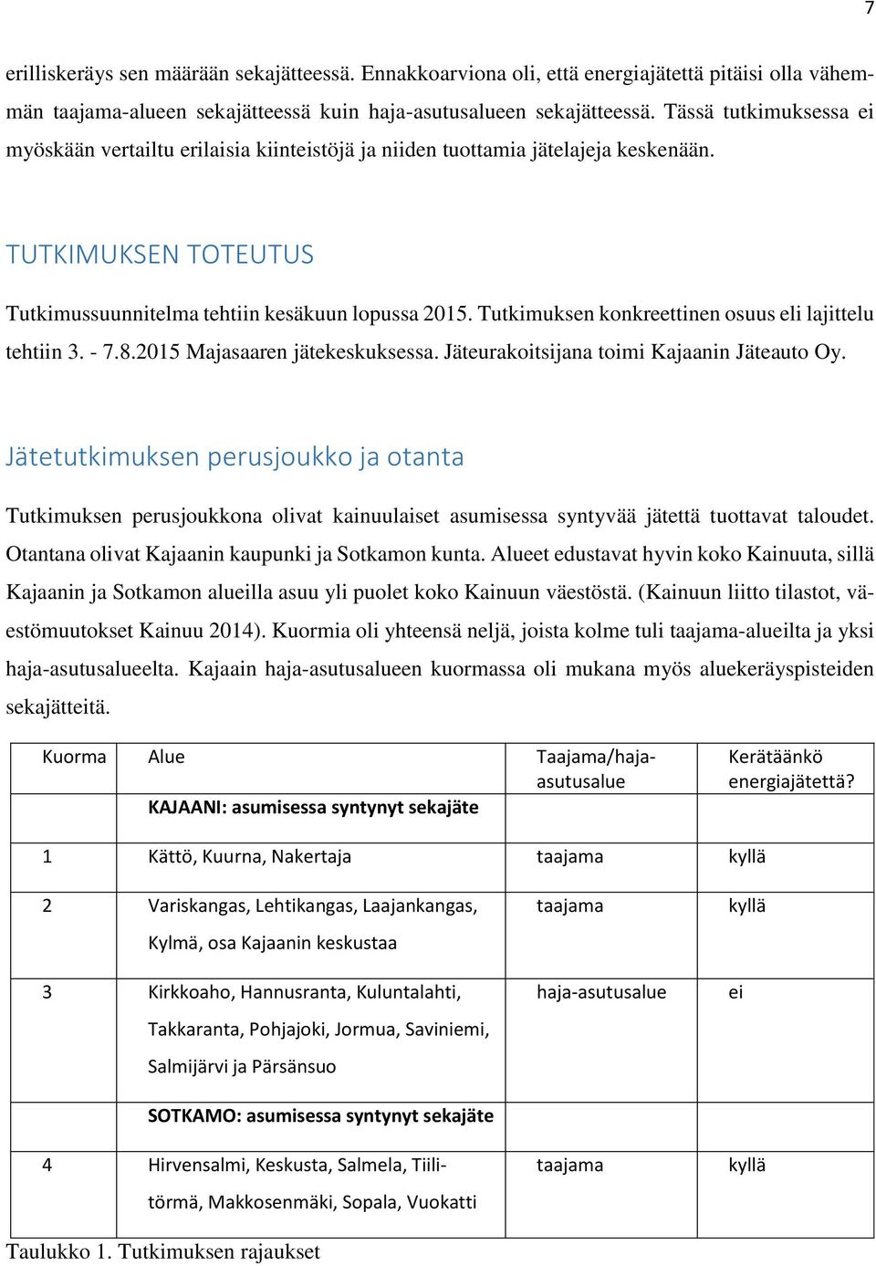 Tutkimuksen konkreettinen osuus eli lajittelu tehtiin 3. - 7.8.2015 Majasaaren jätekeskuksessa. Jäteurakoitsijana toimi Kajaanin Jäteauto Oy.