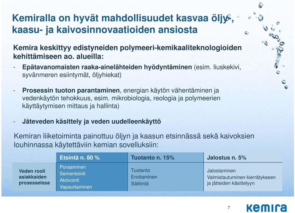 liuskekivi, syvänmeren esiintymät, öljyhiekat) - Prosessin tuoton parantaminen, energian käytön vähentäminen ja vedenkäytön tehokkuus, esim.