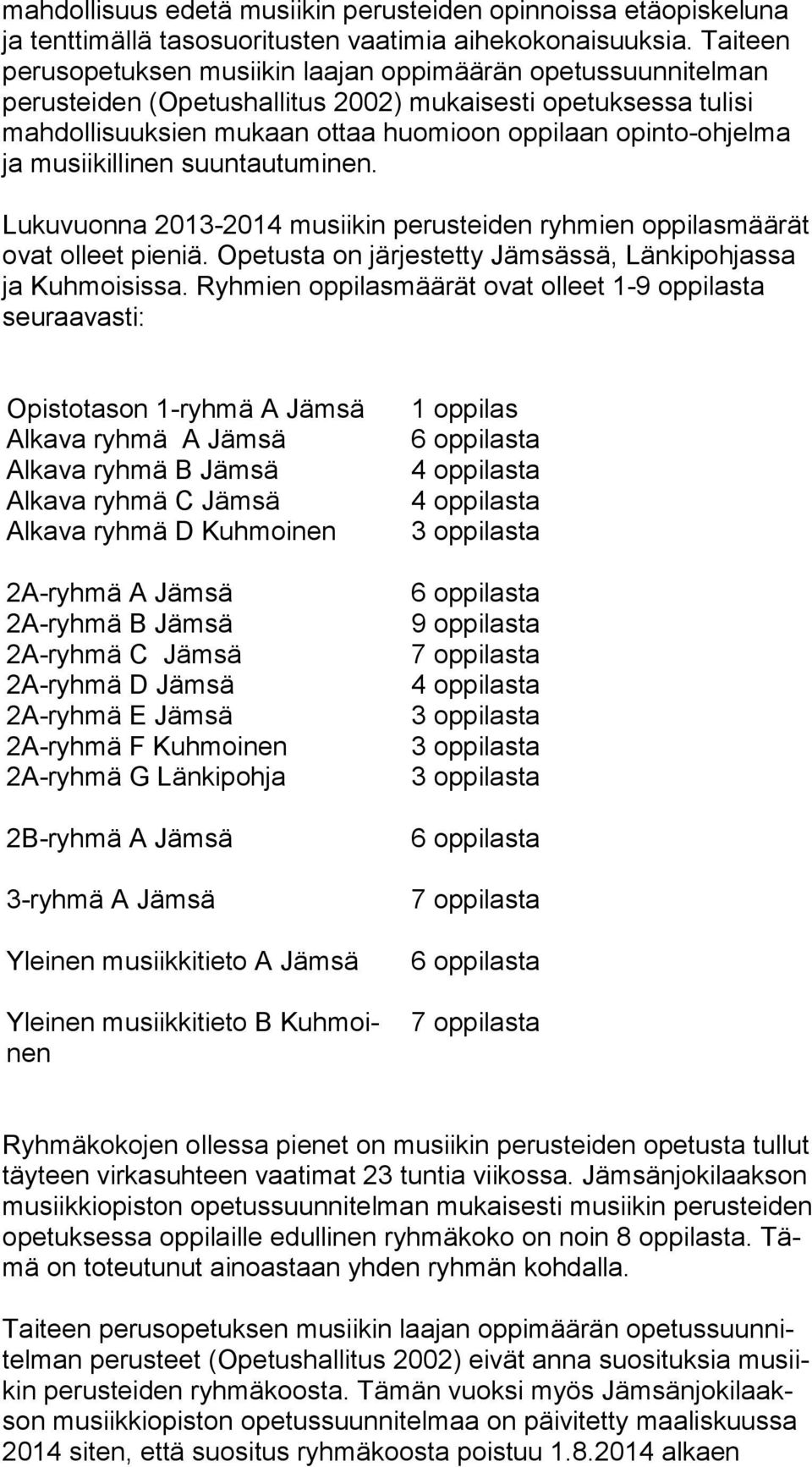 opin to-oh jel ma ja mu sii kil li nen suuntautuminen. Lukuvuonna 2013-2014 musiikin perusteiden ryhmien oppilasmäärät ovat olleet pieniä.