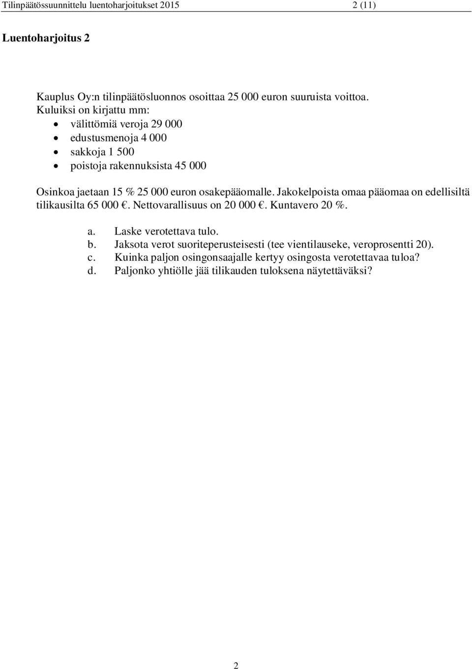 Jakokelpoista omaa pääomaa on edellisiltä tilikausilta 65 000. Nettovarallisuus on 20 000. Kuntavero 20 %. a. Laske verotettava tulo. b.