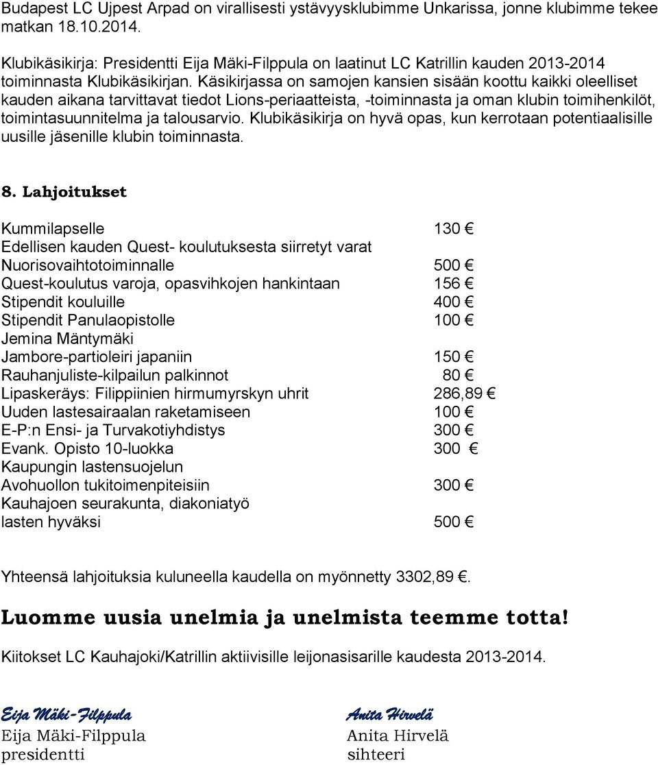 Käsikirjassa on samojen kansien sisään koottu kaikki oleelliset kauden aikana tarvittavat tiedot Lions-periaatteista, -toiminnasta ja oman klubin toimihenkilöt, toimintasuunnitelma ja talousarvio.