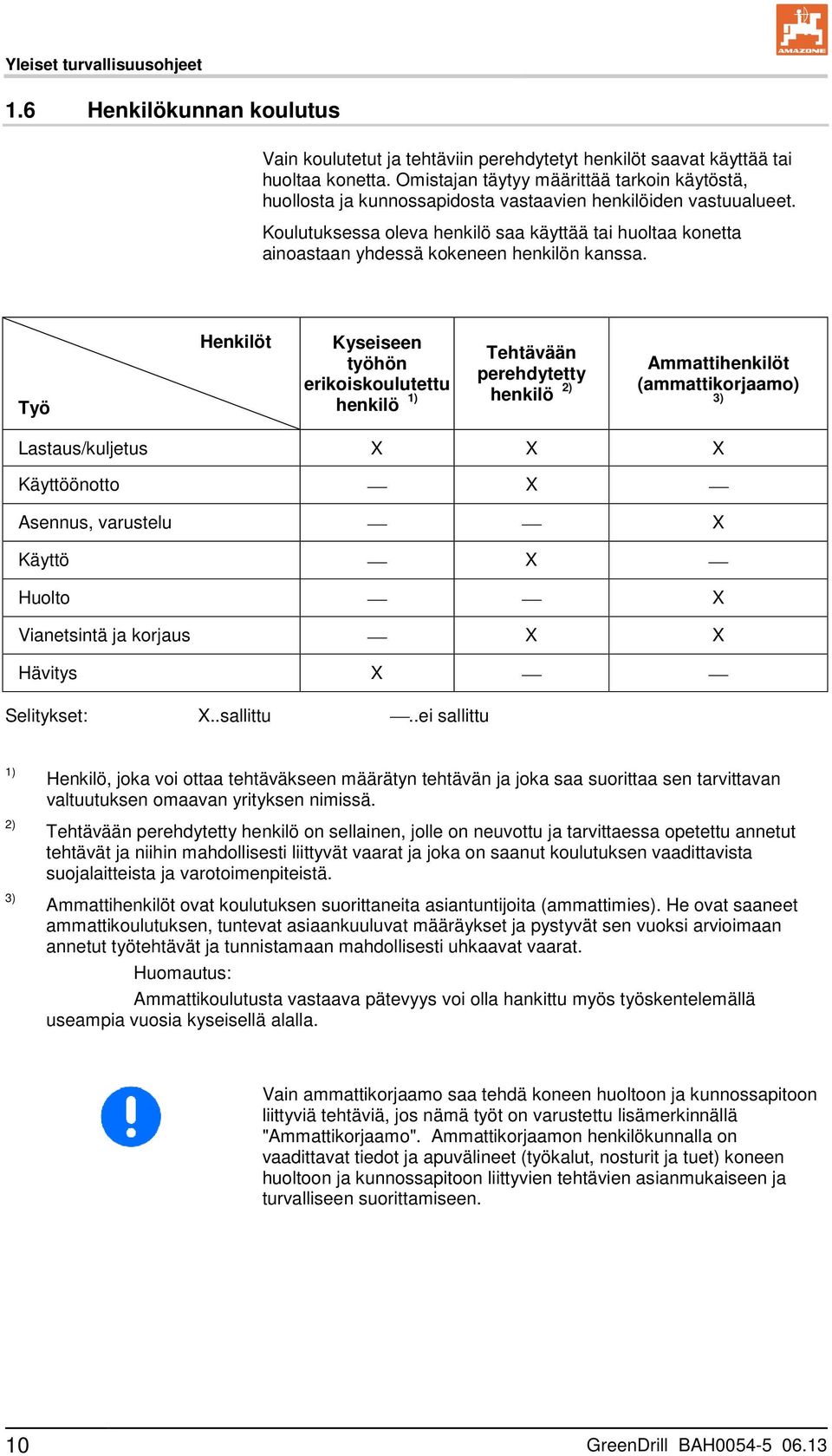 Koulutuksessa oleva henkilö saa käyttää tai huoltaa konetta ainoastaan yhdessä kokeneen henkilön kanssa.