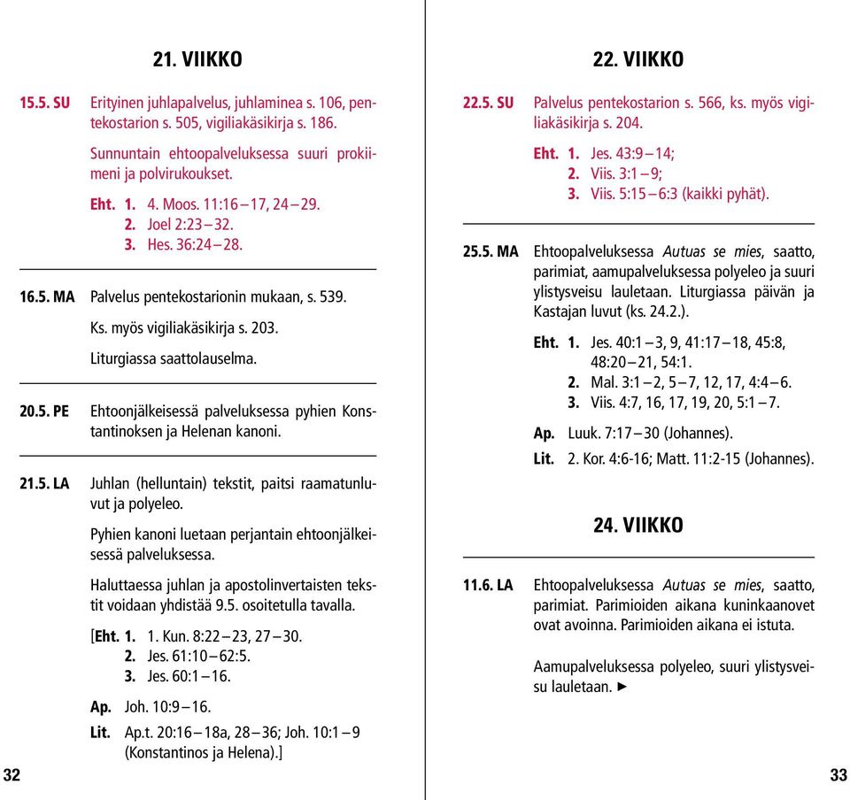 21.5. LA Juhlan (helluntain) tekstit, paitsi raamatunluvut ja polyeleo. Pyhien kanoni luetaan perjantain ehtoonjälkeisessä palveluksessa.