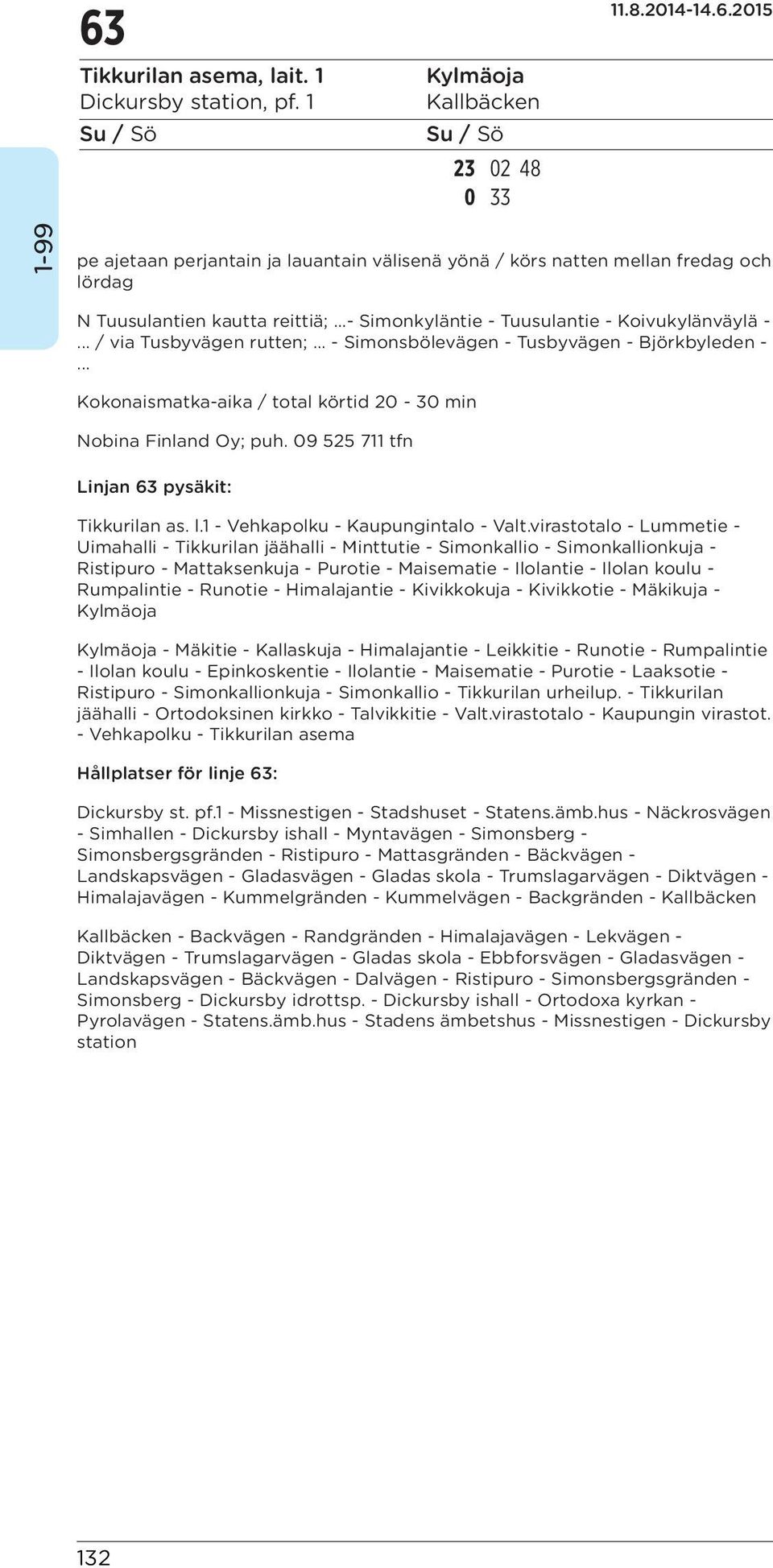 09 525 711 tfn Linjan 63 pysäkit: n as. l.1 - Vehkapolku - Kaupungintalo - Valt.