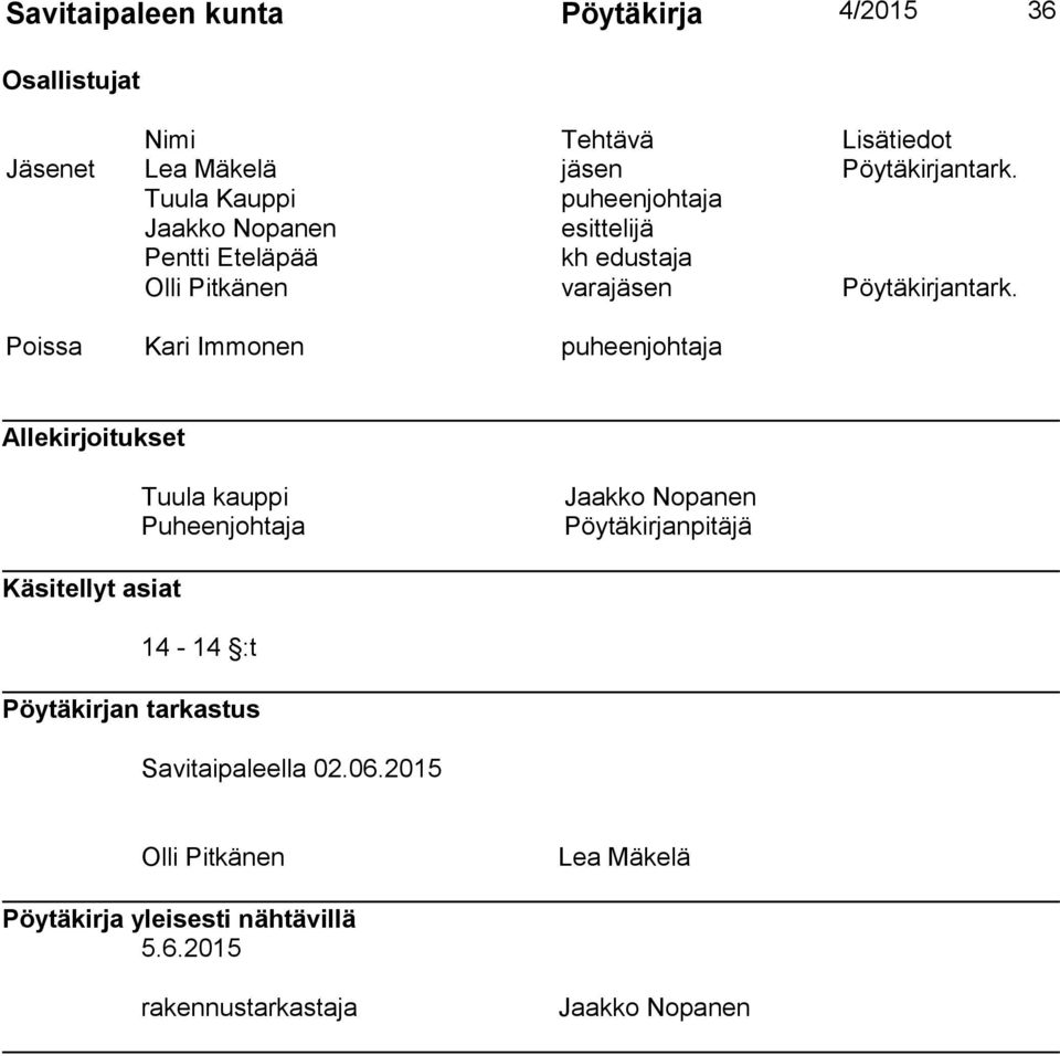Poissa Kari Immonen puheenjohtaja Allekirjoitukset Tuula kauppi Puheenjohtaja Pöytäkirjanpitäjä Käsitellyt asiat 14-14