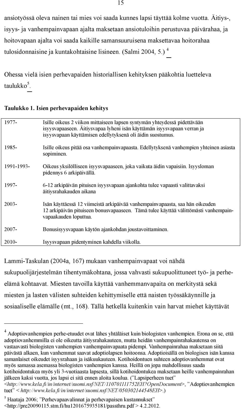 kuntakohtaisine lisineen. (Salmi 2004, 5.) 4 Ohessa vielä isien perhevapaiden historiallisen kehityksen pääkohtia luetteleva taulukko 5. Taulukko 1.