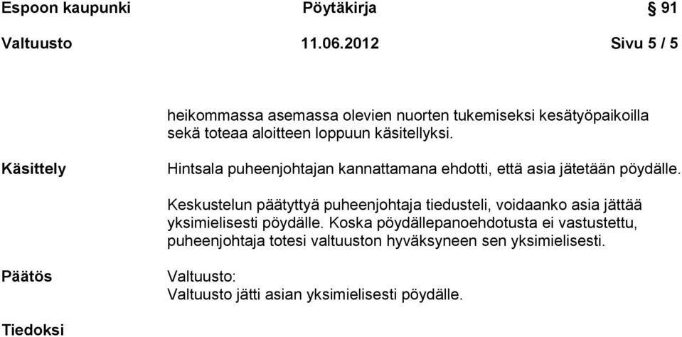 Käsittely Hintsala puheenjohtajan kannattamana ehdotti, että asia jätetään pöydälle.