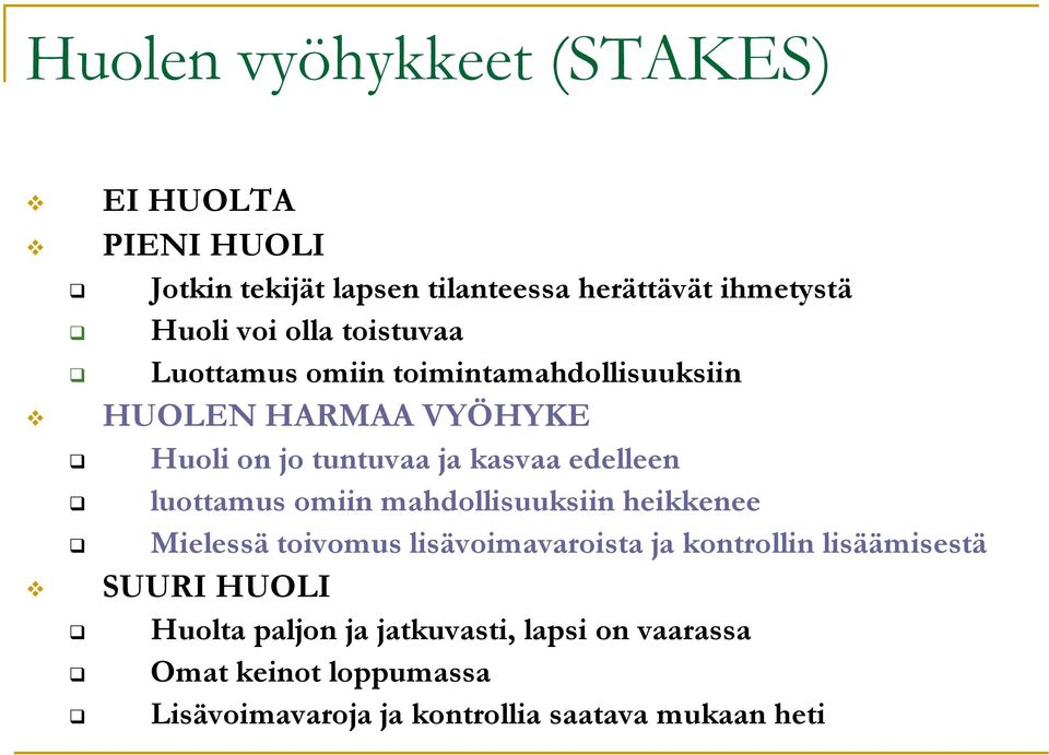 luottamus omiin mahdollisuuksiin heikkenee Mielessä toivomus lisävoimavaroista ja kontrollin lisäämisestä SUURI HUOLI