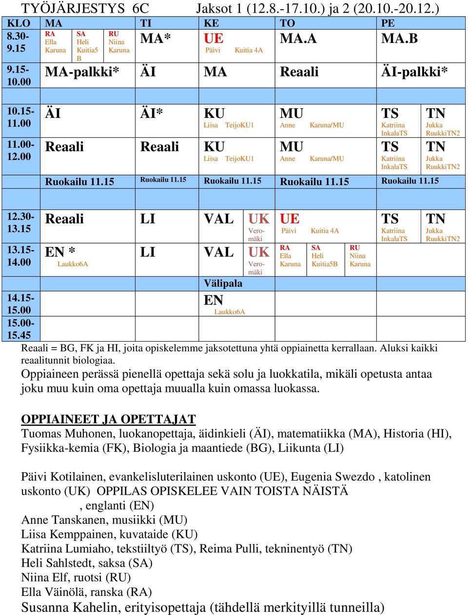 00 ÄI ÄI* KU Liisa TeijoKU1 Reaali Reaali KU Liisa TeijoKU1 MU Anne MU Anne Karuna/MU Karuna/MU TS Katriina InkalaTS TS Katriina InkalaTS Ruokailu 11.15 Ruokailu 11.