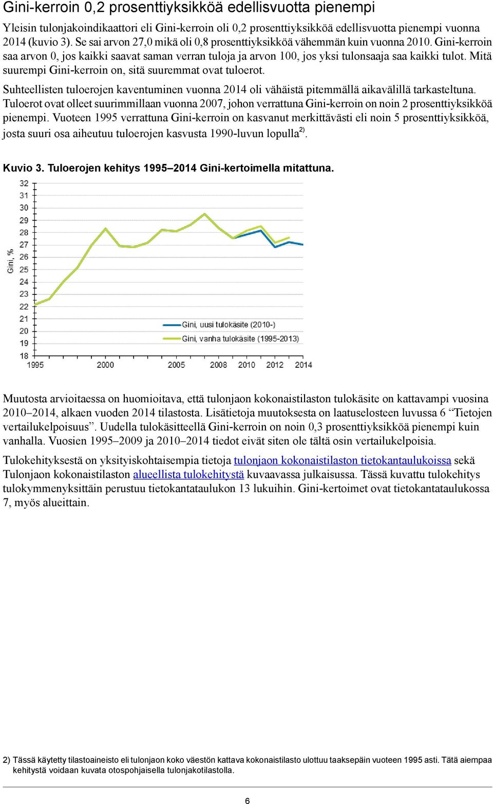 Mitä suurempi Gini-kerroin on, sitä suuremmat ovat tuloerot. Suhteellisten tuloerojen kaventuminen vuonna 2014 oli vähäistä pitemmällä aikavälillä tarkasteltuna.