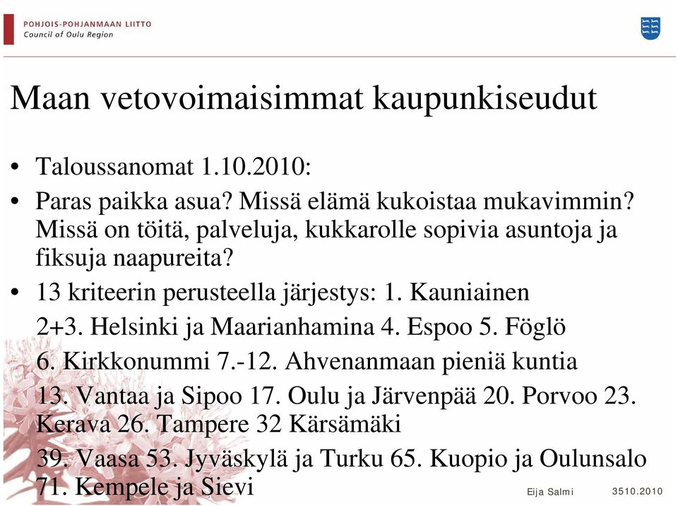 Kauniainen 2+3. Helsinki ja Maarianhamina 4. Espoo 5. Föglö 6. Kirkkonummi 7.-12. Ahvenanmaan pieniä kuntia 13.