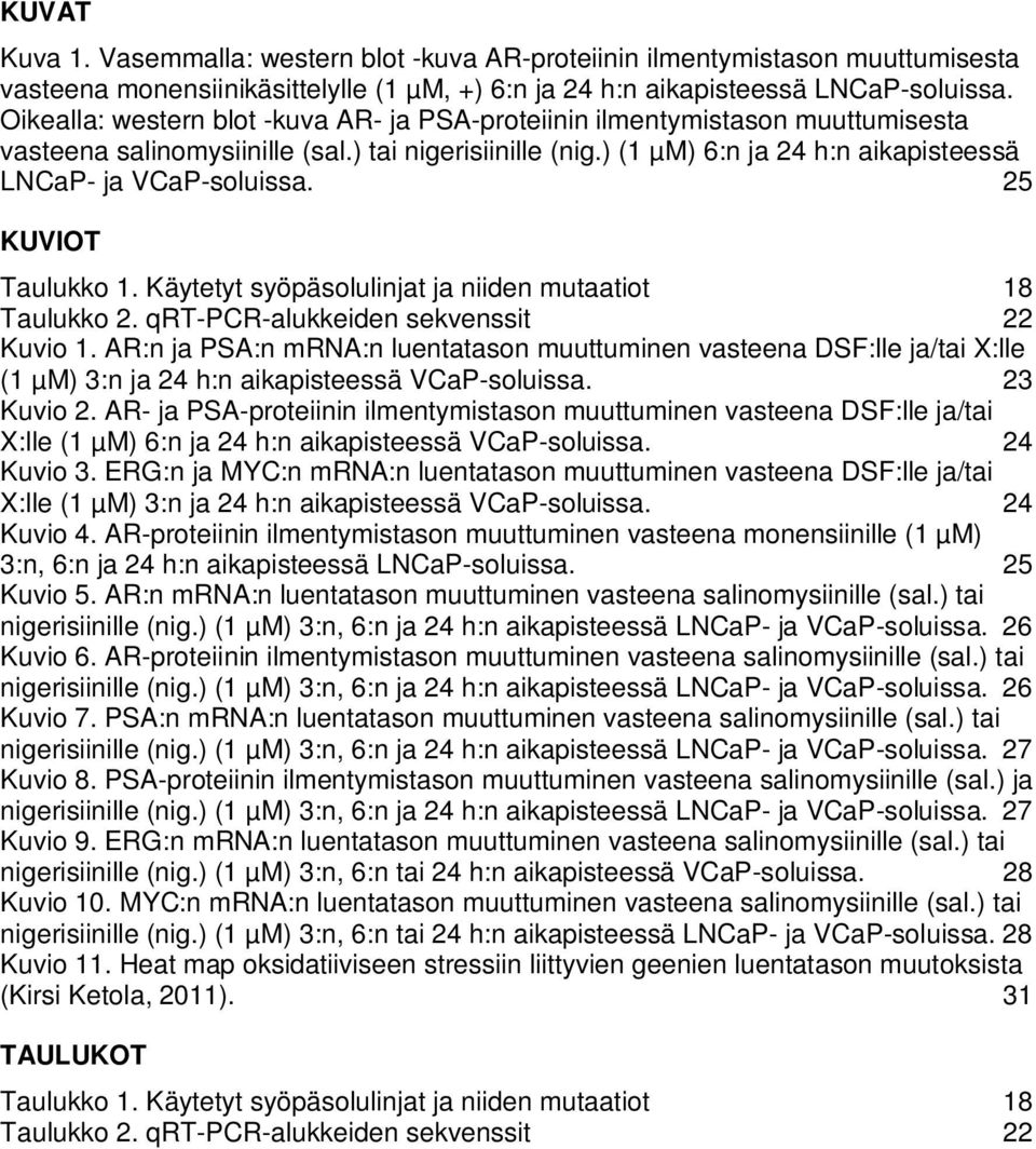 25 KUVIOT Taulukko 1. Käytetyt syöpäsolulinjat ja niiden mutaatiot 18 Taulukko 2. qrt-pcr-alukkeiden sekvenssit 22 Kuvio 1.