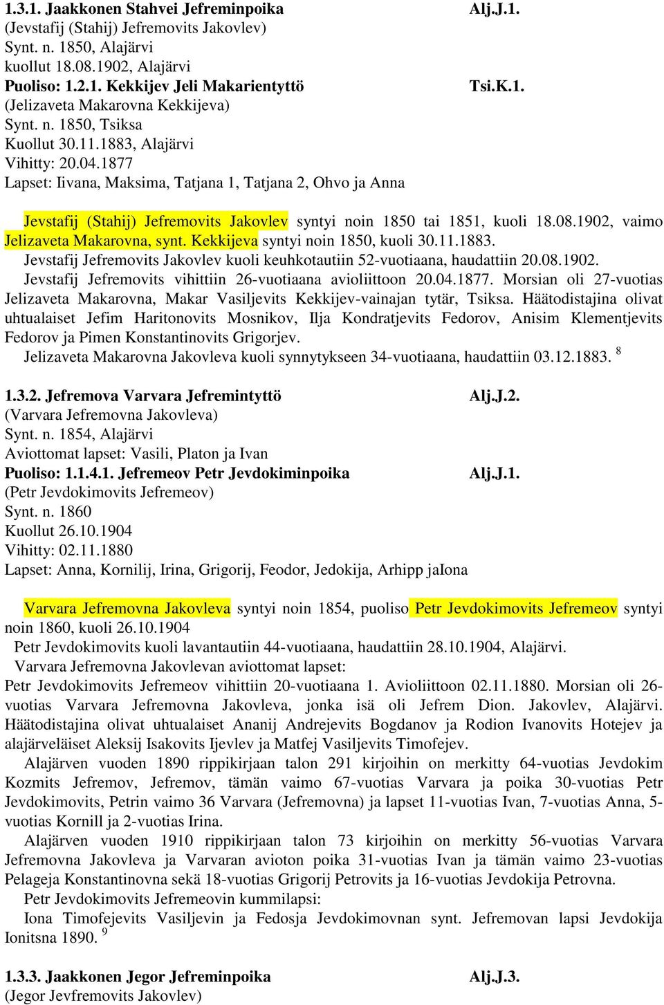 1877 Lapset: Iivana, Maksima, Tatjana 1, Tatjana 2, Ohvo ja Anna Jevstafij (Stahij) Jefremovits Jakovlev syntyi noin 1850 tai 1851, kuoli 18.08.1902, vaimo Jelizaveta Makarovna, synt.