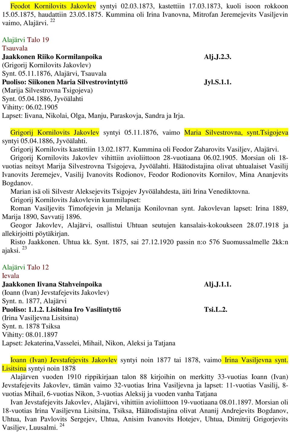 1876, Alajärvi, Tsauvala Puoliso: Siikonen Maria Silvestrovintyttö (Marija Silvestrovna Tsigojeva) Synt. 05.04.1886, Jyvöälahti Vihitty: 06.02.
