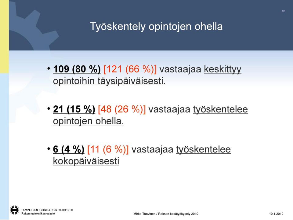 21 (15 %) [48 (26 %)] vastaajaa työskentelee opintojen