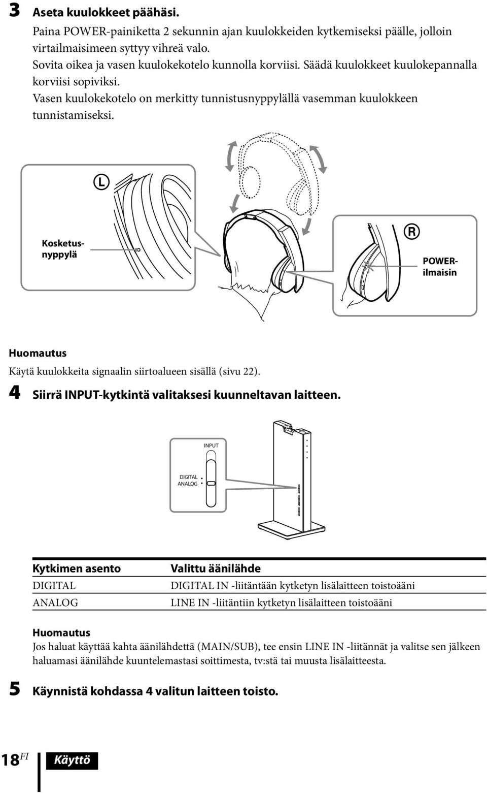Kosketusnyppylä POWERilmaisin Huomautus Käytä kuulokkeita signaalin siirtoalueen sisällä (sivu 22). 4 Siirrä INPUT-kytkintä valitaksesi kuunneltavan laitteen.