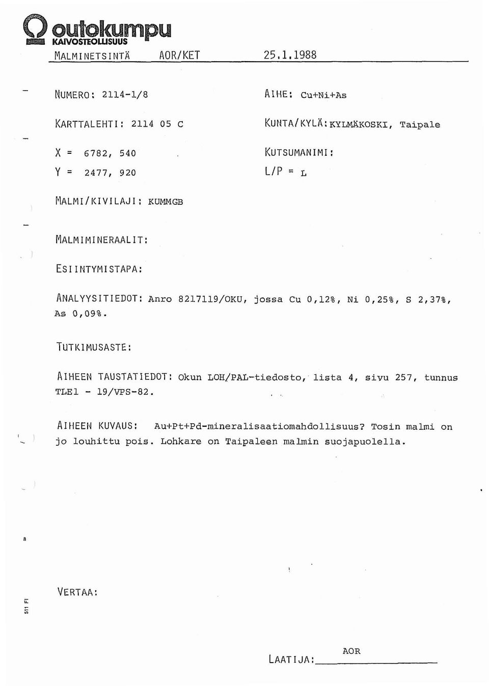 AIHEEN TAUSTATIEDOT: Okun LOH/PALtiedosto, lista 4, sivu 257, tunnus TLE1 19/VPS82.