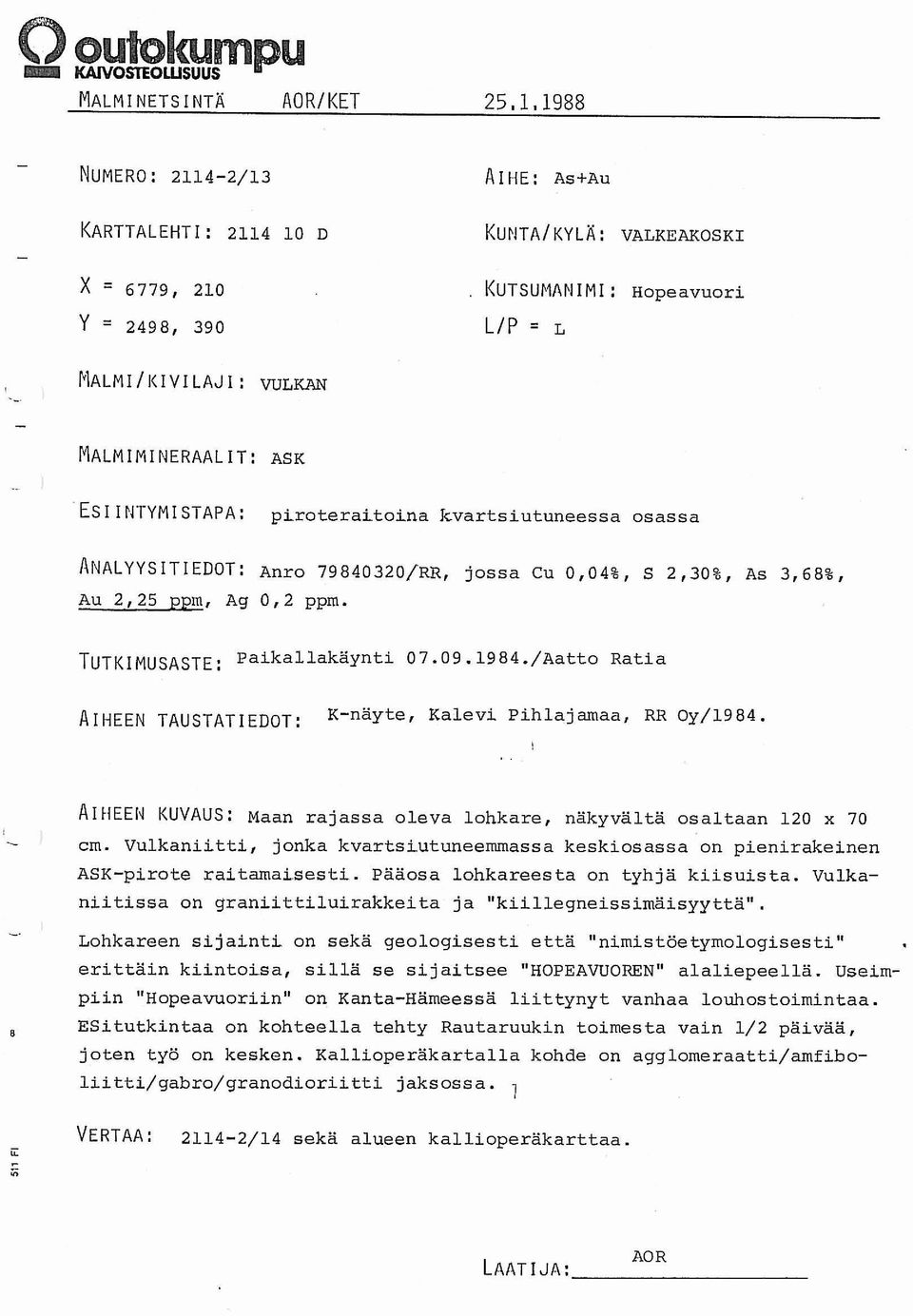 /Aatto ~ ~ : Ratia AIHEEN TAUSTATIEDOT: Knäyte, Kalevi Pihlajamaa, RR 0y/1984. 1. AIHE EI^ KUVAUS: Maan rajassa oleva lohkare, näkyvältä osaltaan 120 x 70 cm.