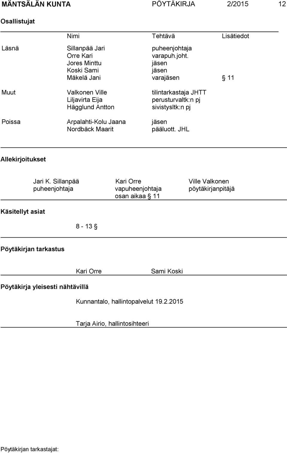 Jores Minttu jäsen Koski Sami jäsen Mäkelä Jani varajäsen 11 Muut Valkonen Ville tilintarkastaja JHTT Liljavirta Eija perusturvaltk:n pj Hägglund Antton