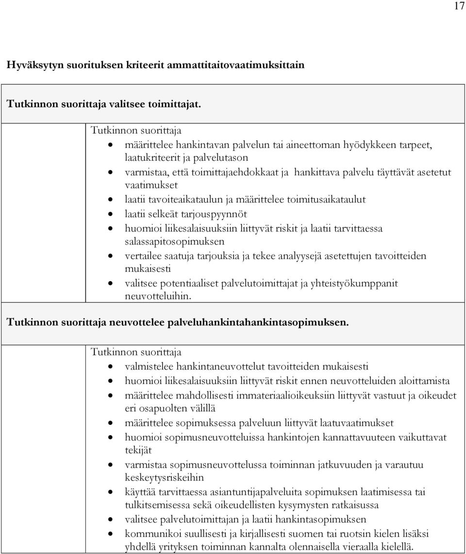 tavoiteaikataulun ja määrittelee toimitusaikataulut laatii selkeät tarjouspyynnöt huomioi liikesalaisuuksiin liittyvät riskit ja laatii tarvittaessa salassapitosopimuksen vertailee saatuja tarjouksia