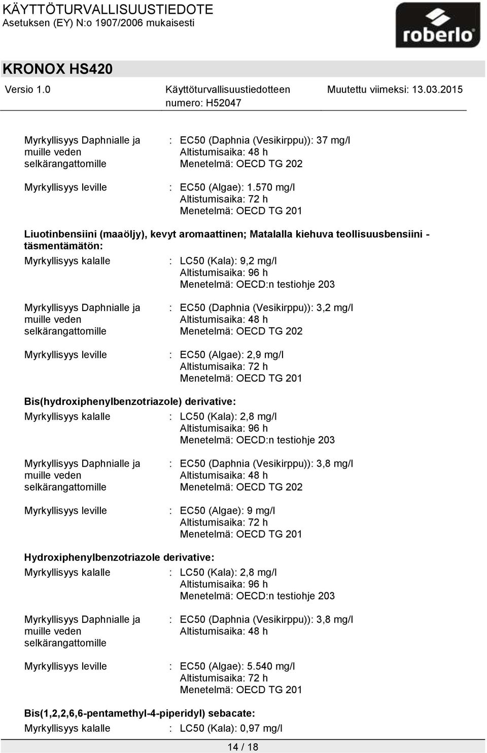 Altistumisaika: 96 h Menetelmä: OECD:n testiohje 203 Myrkyllisyys Daphnialle ja muille veden selkärangattomille Myrkyllisyys leville : EC50 (Daphnia (Vesikirppu)): 3,2 mg/l Altistumisaika: 48 h