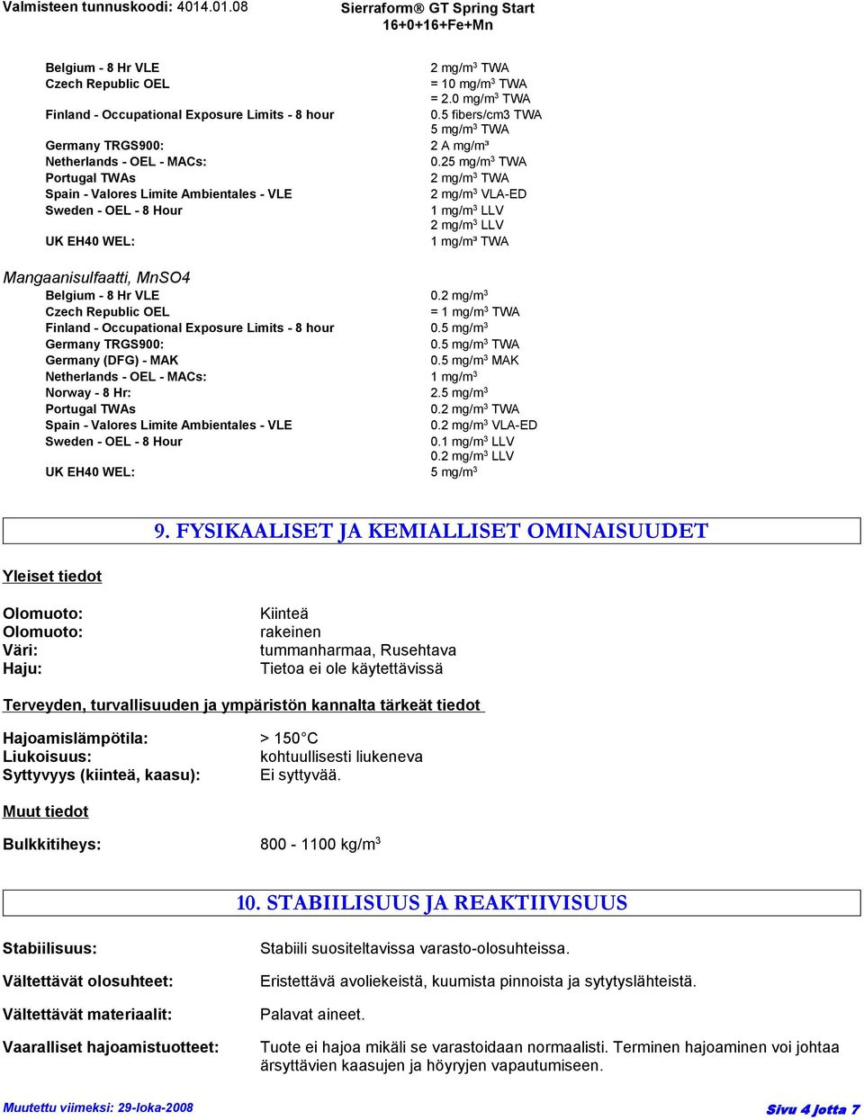 25 mg/m 3 TWA 2 mg/m 3 TWA 2 mg/m 3 VLA-ED 1 mg/m 3 LLV 2 mg/m 3 LLV 1 mg/m³ TWA Mangaanisulfaatti, MnSO4 Belgium - 8 Hr VLE 0.