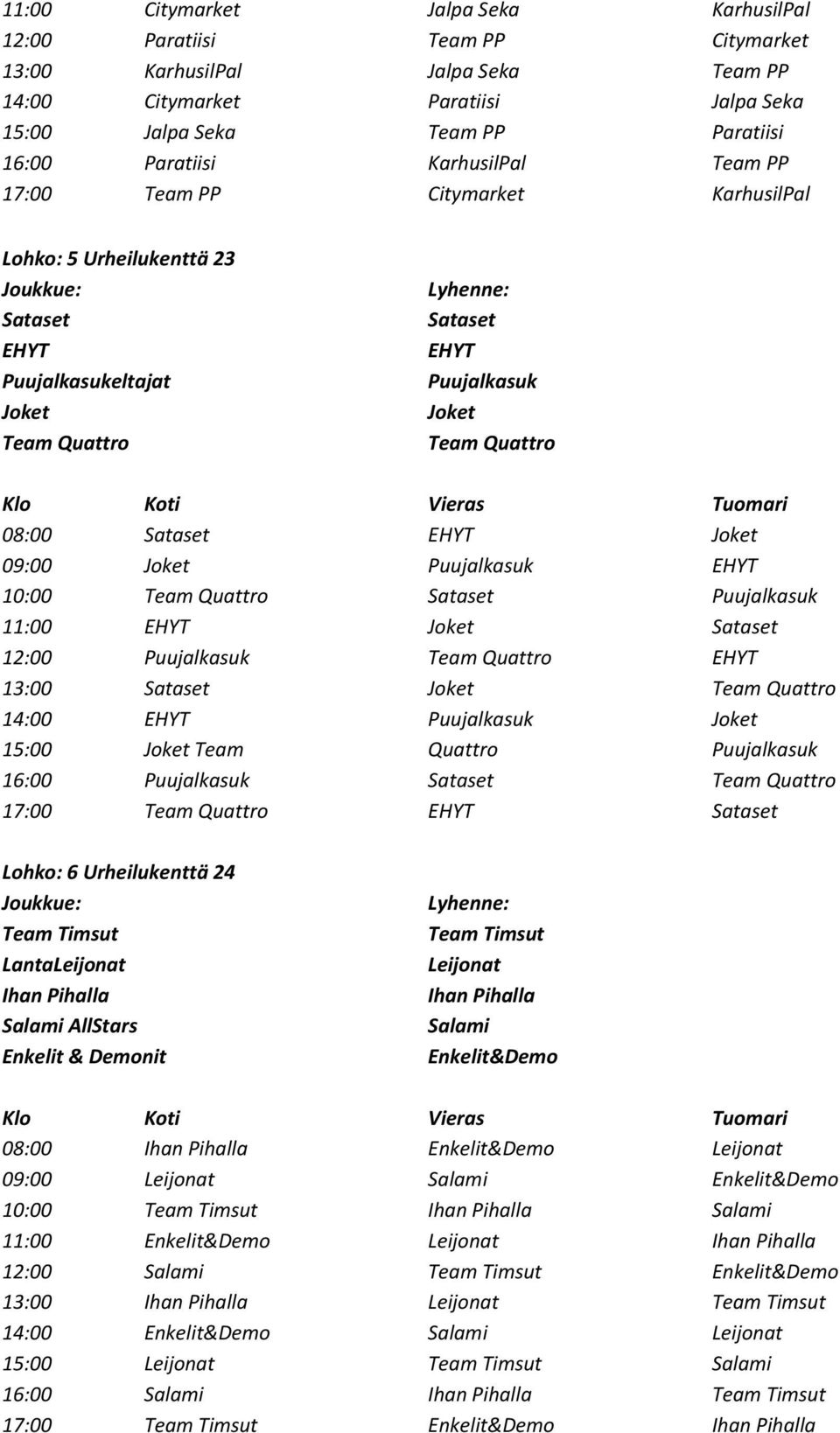 Sataset EHYT Joket 09:00 Joket Puujalkasuk EHYT 10:00 Team Quattro Sataset Puujalkasuk 11:00 EHYT Joket Sataset 12:00 Puujalkasuk Team Quattro EHYT 13:00 Sataset Joket Team Quattro 14:00 EHYT