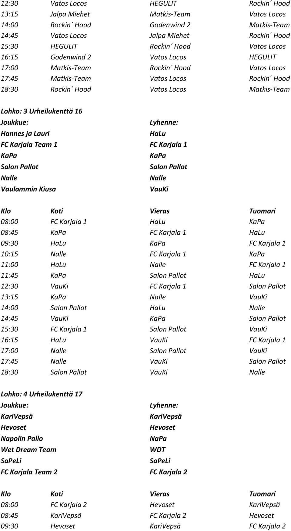 Hannes ja Lauri HaLu FC Karjala Team 1 FC Karjala 1 KaPa KaPa Salon Pallot Salon Pallot Nalle Nalle Vaulammin Kiusa VauKi 08:00 FC Karjala 1 HaLu KaPa 08:45 KaPa FC Karjala 1 HaLu 09:30 HaLu KaPa FC