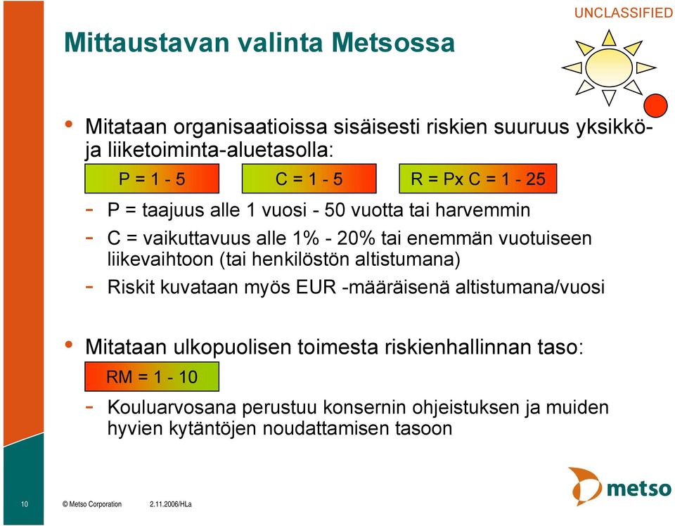 liikevaihtoon (tai henkilöstön altistumana) Riskit kuvataan myös EUR määräisenä altistumana/vuosi Mitataan ulkopuolisen toimesta