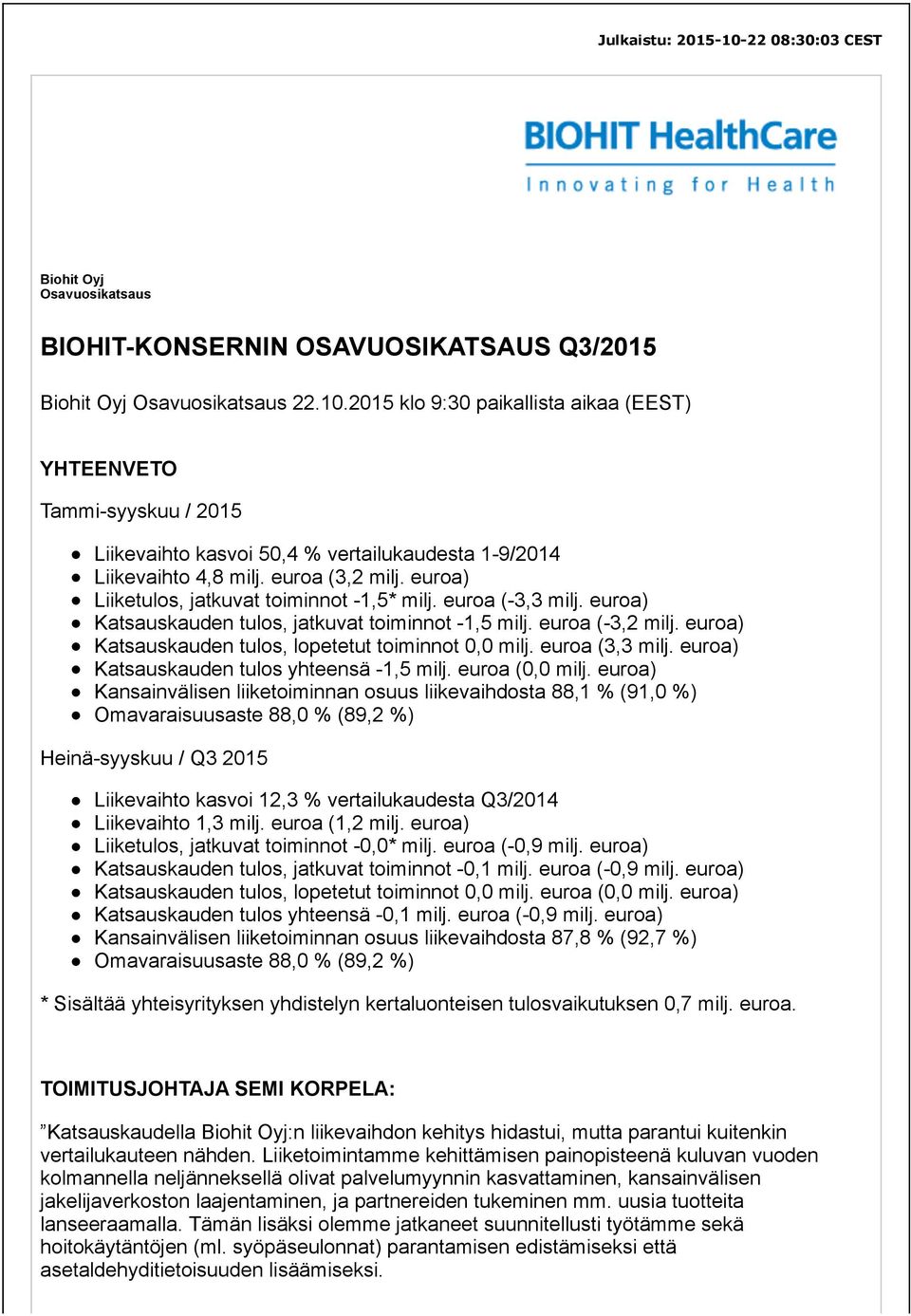 euroa) Katsauskauden tulos, lopetetut toiminnot 0,0 milj. euroa (3,3 milj. euroa) Katsauskauden tulos -1,5 milj. euroa (0,0 milj.