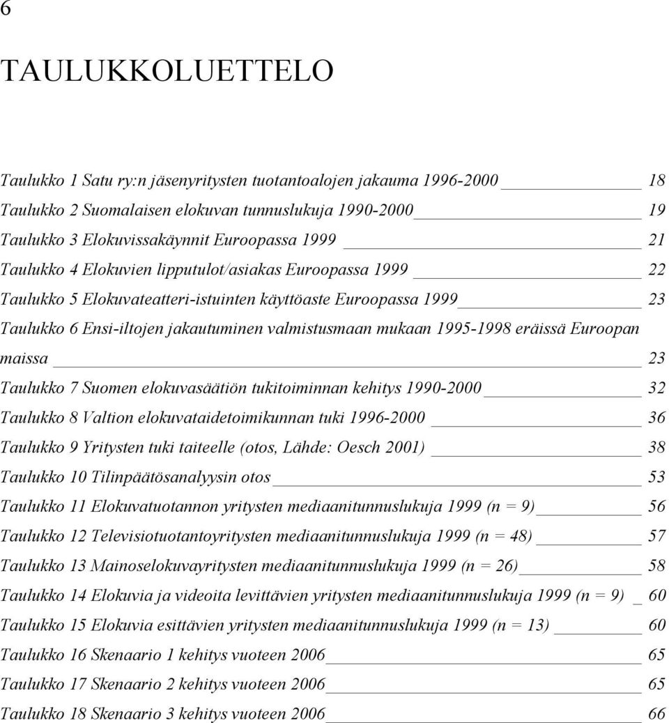 eräissä Euroopan maissa 23 Taulukko 7 Suomen elokuvasäätiön tukitoiminnan kehitys 1990-2000 32 Taulukko 8 Valtion elokuvataidetoimikunnan tuki 1996-2000 36 Taulukko 9 Yritysten tuki taiteelle (otos,
