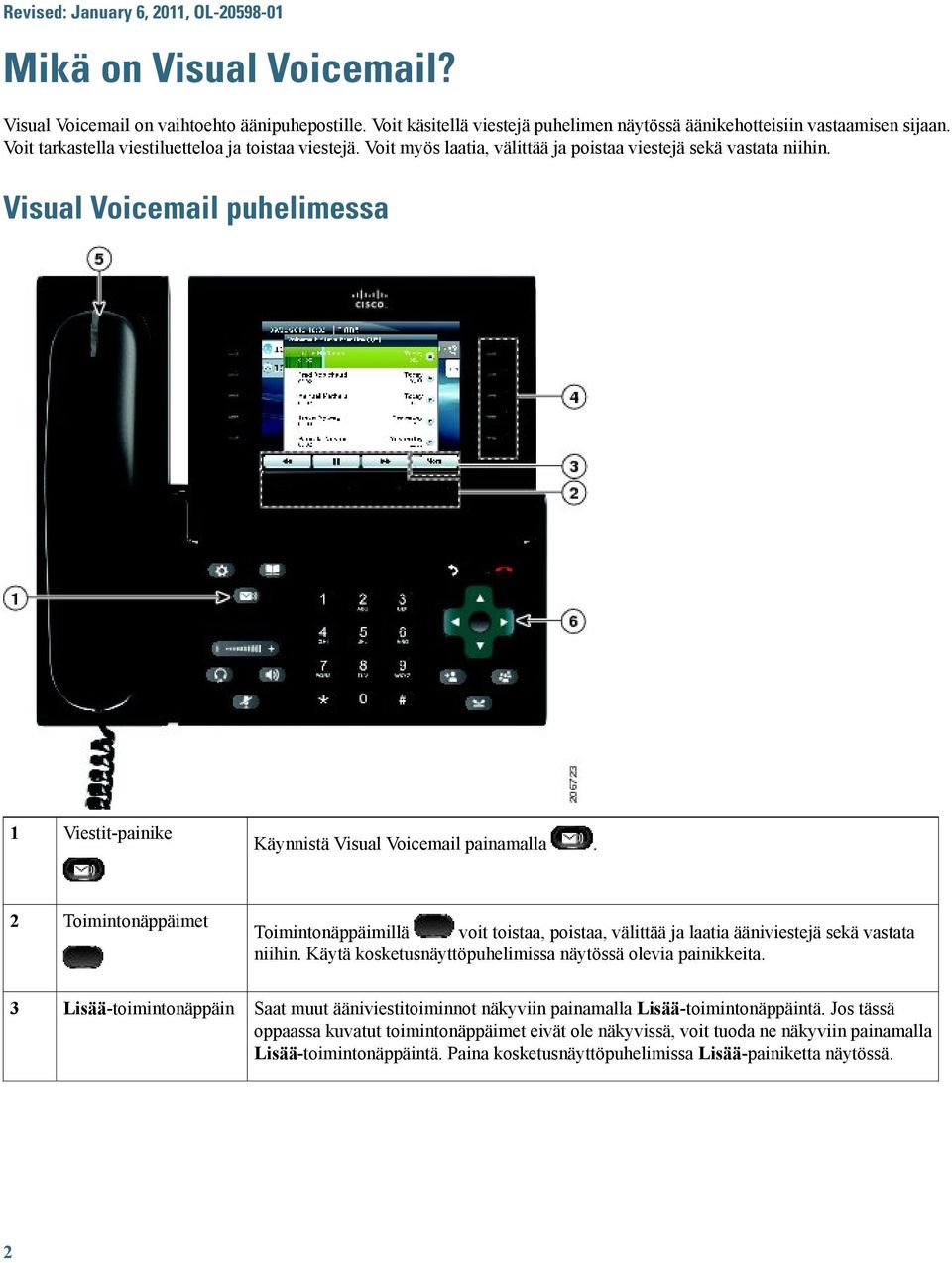 Visual Voicemail puhelimessa 1 Viestit-painike Käynnistä Visual Voicemail painamalla.