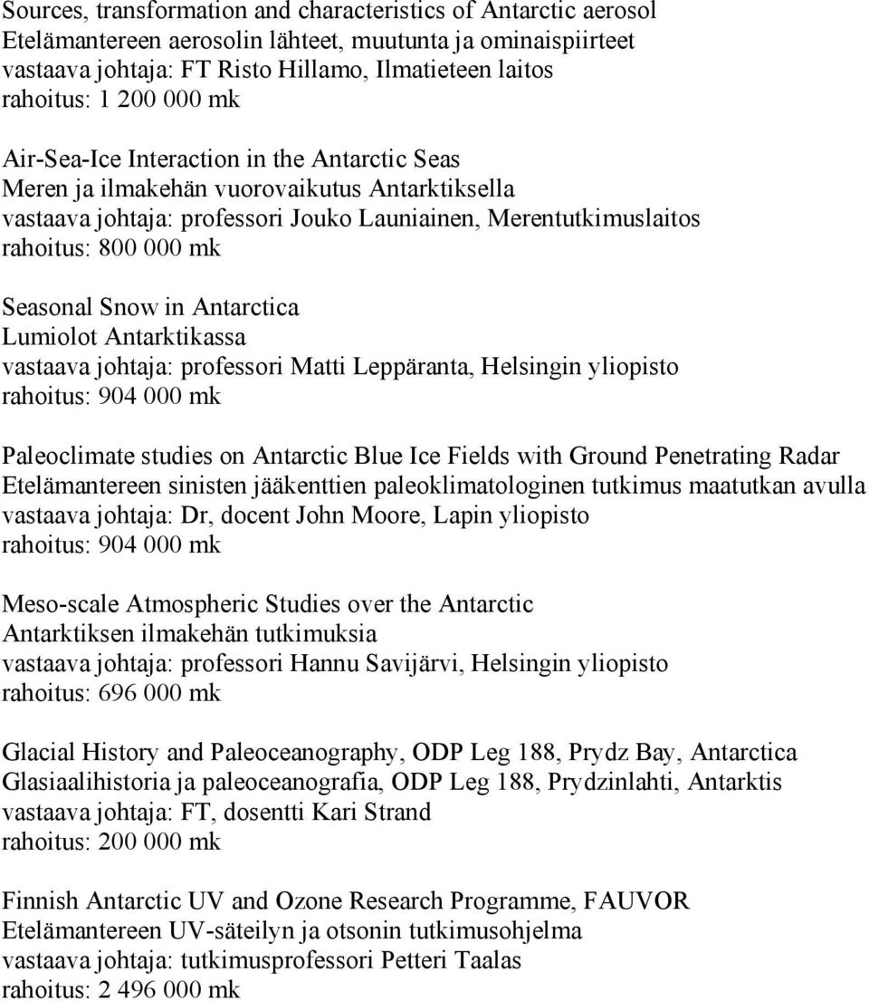 Snow in Antarctica Lumiolot Antarktikassa vastaava johtaja: professori Matti Leppäranta, Helsingin yliopisto rahoitus: 904 000 mk Paleoclimate studies on Antarctic Blue Ice Fields with Ground