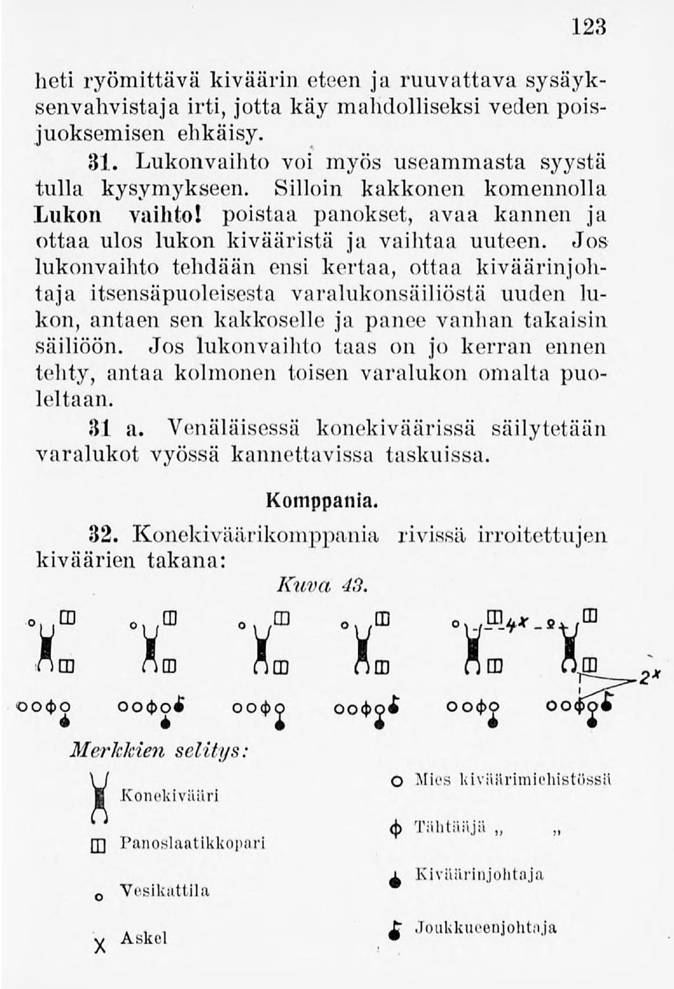 Jos lukonvaihto tehdään ensi kertaa, ottaa kiväärinjohtaja itsensäpuoleisesta varalukonsäiliöstä uuden lukon, antaen sen kakkoselle ja panee vanhan takaisin säiliöön.
