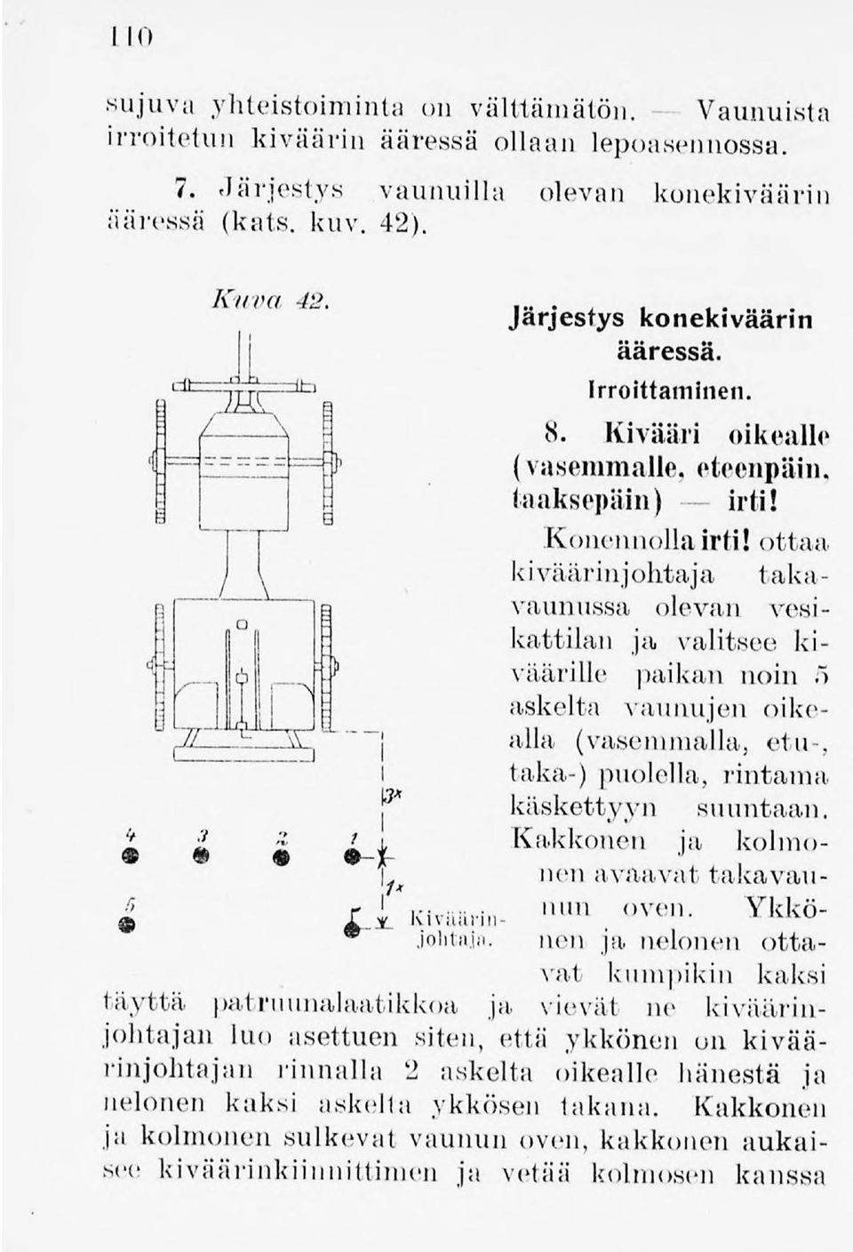 J l kiväärinjohtaja taka- i in vaunussa olevan vesikattilan ja valitsee kiväärille paikan noin 5 II I t f~ -, 6 '._.. f- - -I M ] n l I' : askelta vaunujen oikejmlm_ M' """~j alla (vasemmalla, etu-.