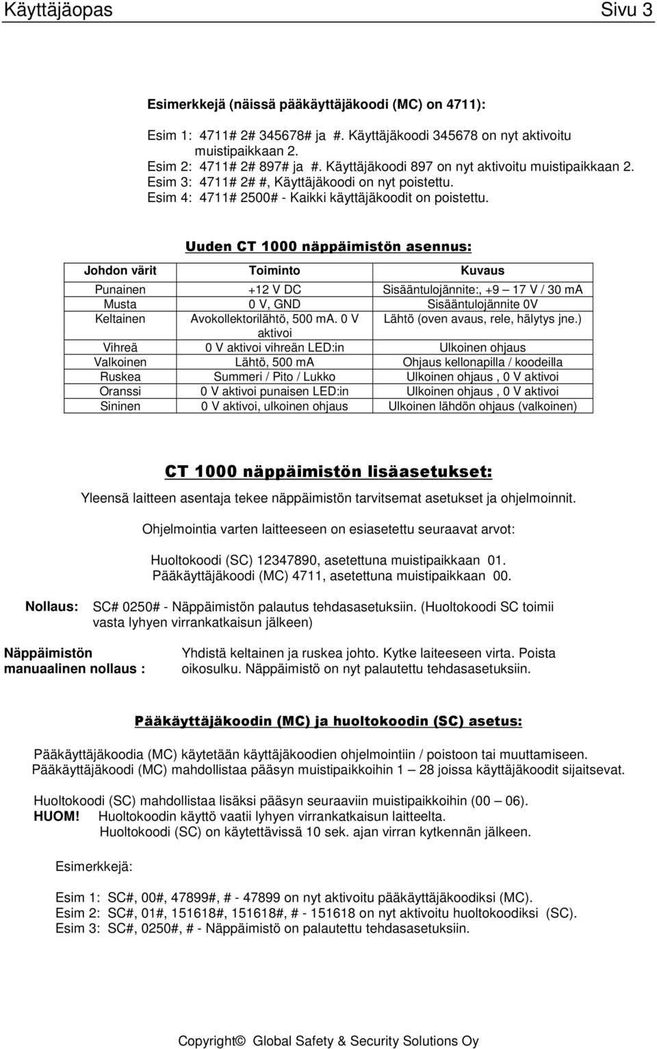 Uuden CT 1000 näppäimistön asennus: Johdon värit Toiminto Kuvaus Punainen +12 V DC Sisääntulojännite:, +9 17 V / 30 ma Musta 0 V, GND Sisääntulojännite 0V Keltainen Avokollektorilähtö, 500 ma.