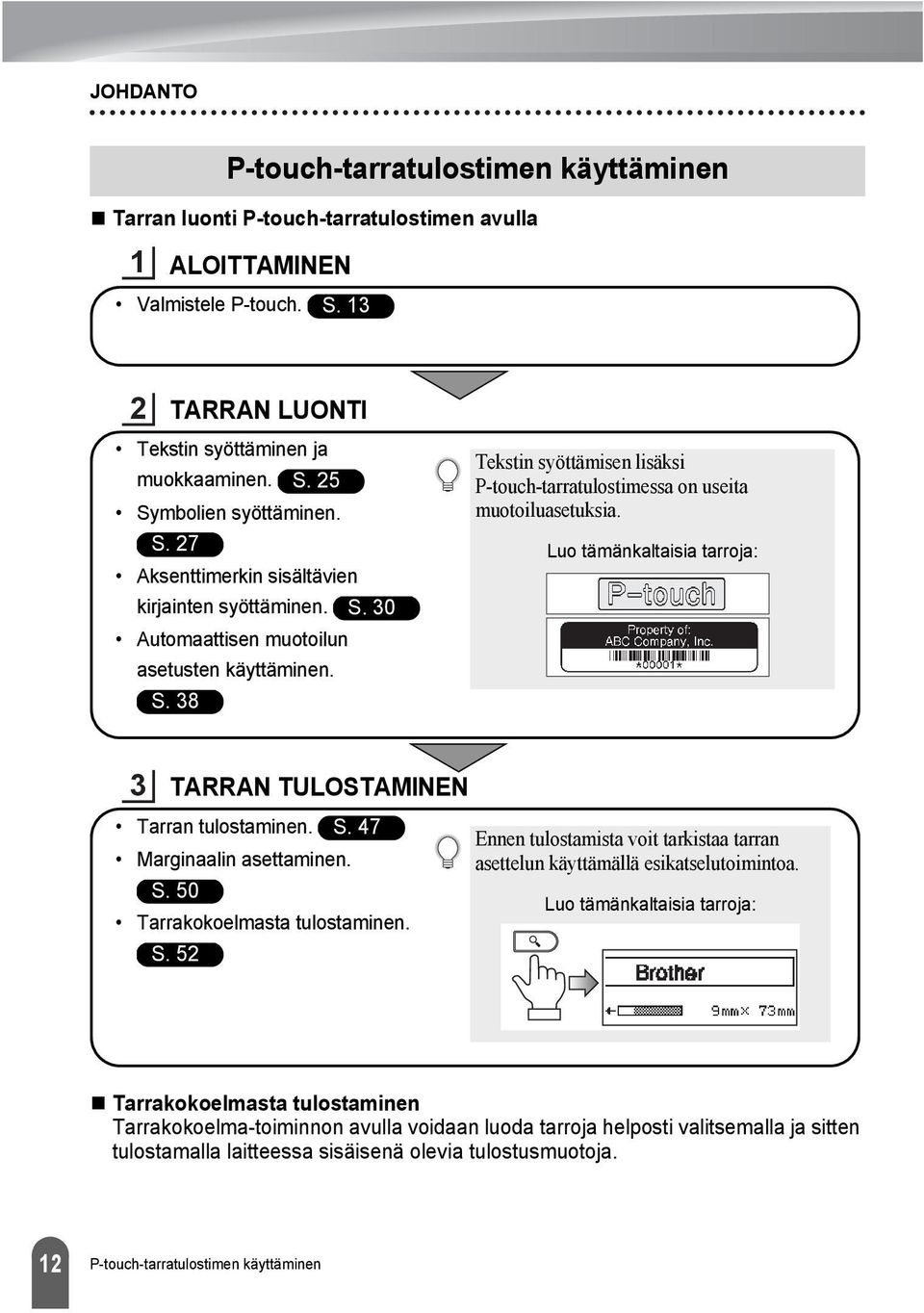 Luo tämänkaltaisia tarroja: TARRAN TULOSTAMINEN Tarran tulostaminen. S. Marginaalin asettaminen. S. 0 Tarrakokoelmasta tulostaminen. S. Ennen tulostamista voit tarkistaa tarran asettelun käyttämällä esikatselutoimintoa.