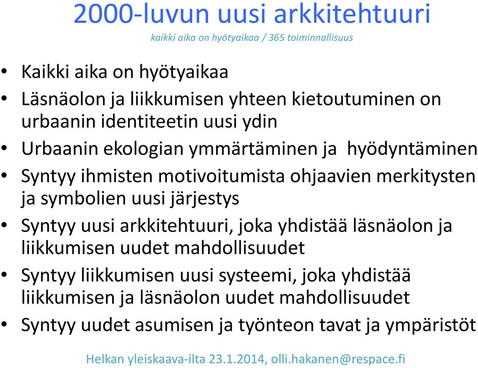 uusi järjestys Syntyy uusi arkkitehtuuri, joka yhdistää läsnäolon ja liikkumisen uudet mahdollisuudet Syntyy liikkumisen uusi systeemi, joka yhdistää