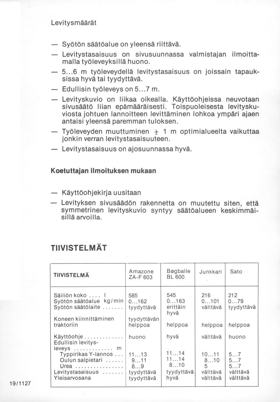 Käyttöohjeissa neuvotaan sivusäätö liian epämääräisesti. Toispuoleisesta levityskuviosta johtuen lannoitteen levittäminen lohkoa ympäri ajaen antaisi yleensä paremman tuloksen.