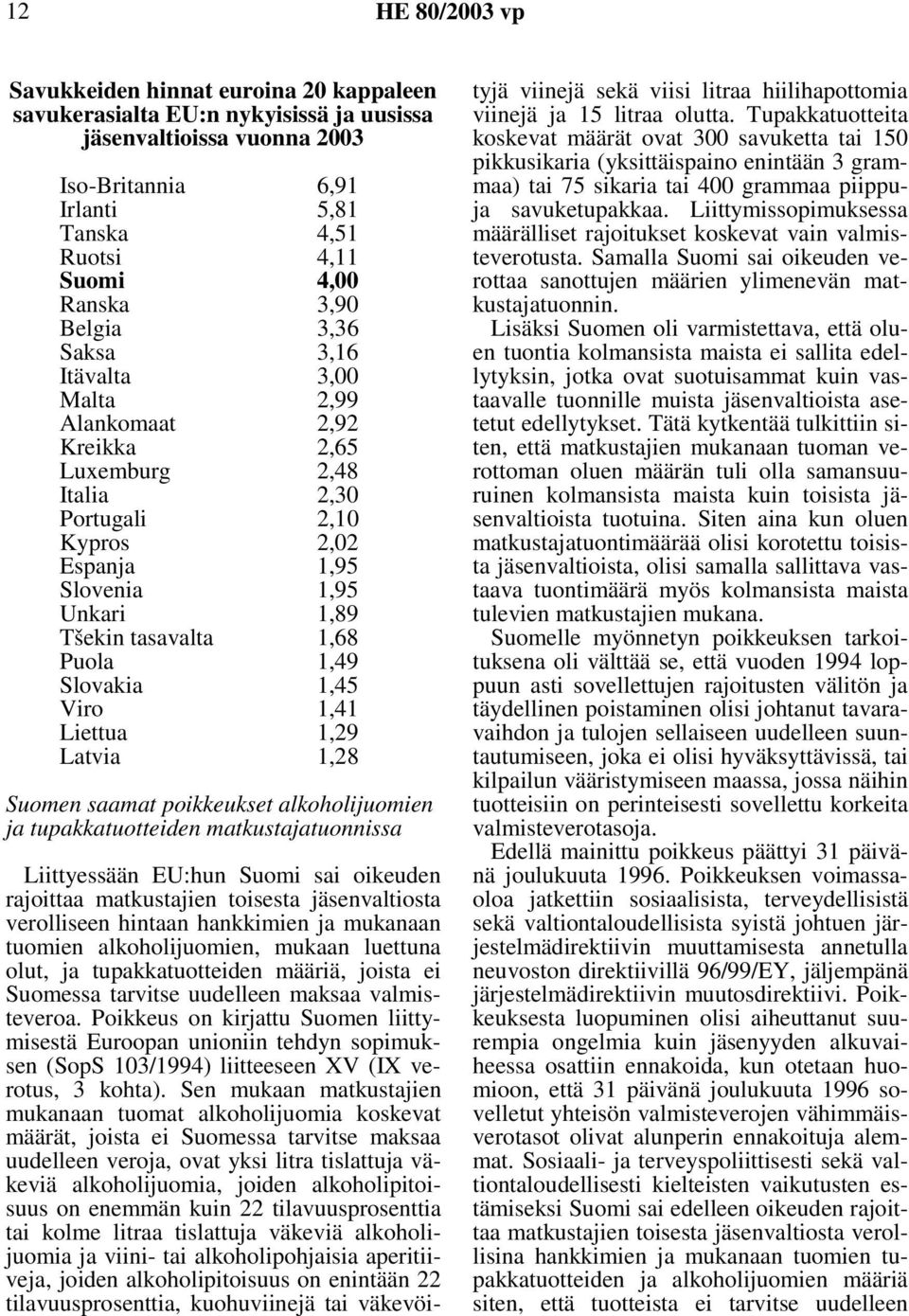 Slovakia Viro 1,45 1,41 Liettua 1,29 Latvia 1,28 Suomen saamat poikkeukset alkoholijuomien ja tupakkatuotteiden matkustajatuonnissa Liittyessään EU:hun Suomi sai oikeuden rajoittaa matkustajien