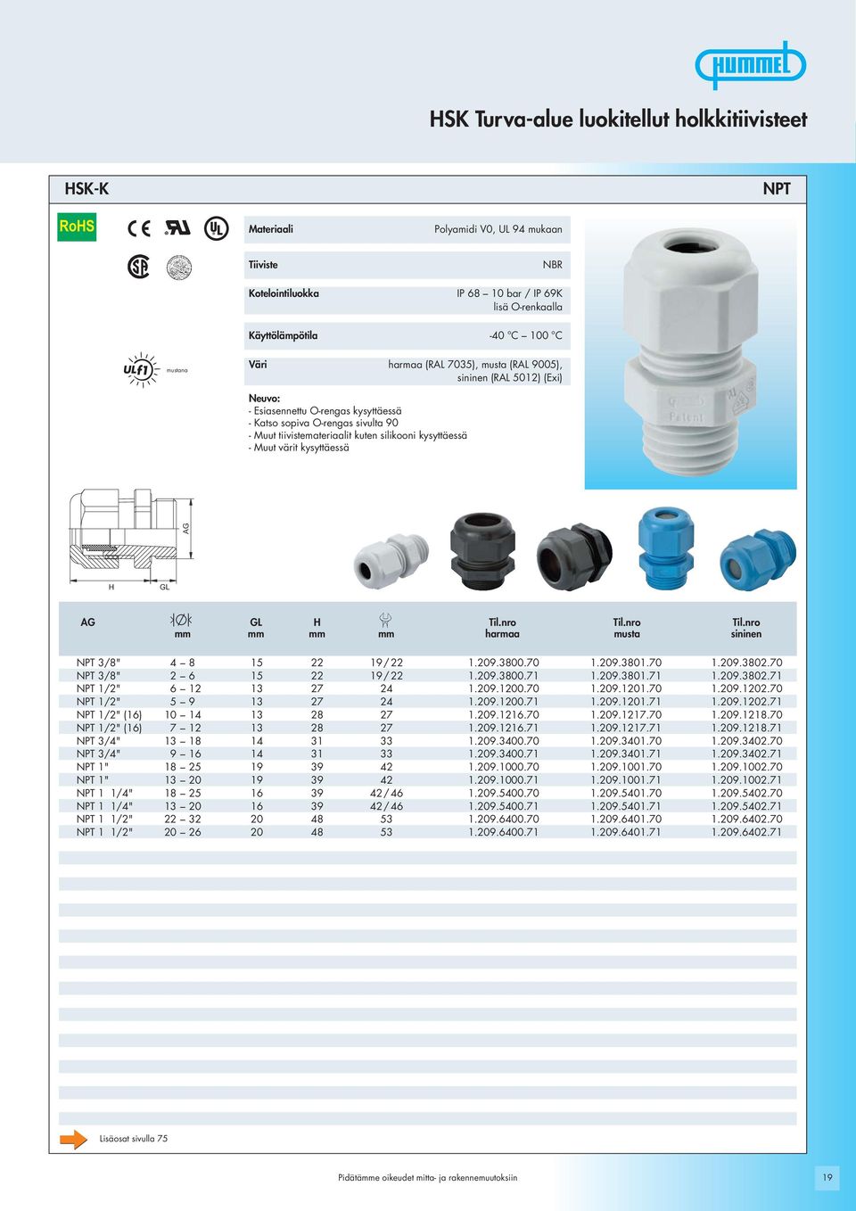 nro Til.nro mm mm mm mm harmaa musta sininen NPT 3/8" 4 8 15 22 19/ 22 1.209.3800.70 1.209.3801.70 1.209.3802.70 NPT 3/8" 2 6 15 22 19/ 22 1.209.3800.71 1.209.3801.71 1.209.3802.71 NPT 1/2" 6 12 13 27 24 1.