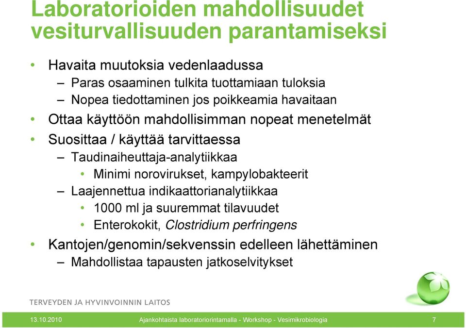 Minimi norovirukset, kampylobakteerit Laajennettua indikaattorianalytiikkaa 1000 ml ja suuremmat tilavuudet Enterokokit, Clostridium perfringens