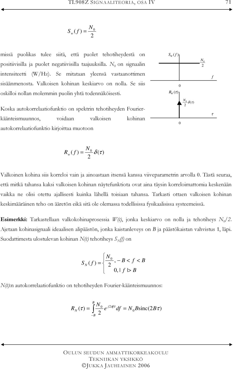 Koska autokorrelaatiounktio on spektrin tehotiheyden Fourierkäänteismuunnos, voidaan valkoisen kohinan autokorrelaatiounktio kirjoittaa muotoon R τ N δ τ τ R w N δ τ Valkoinen kohina siis korreloi