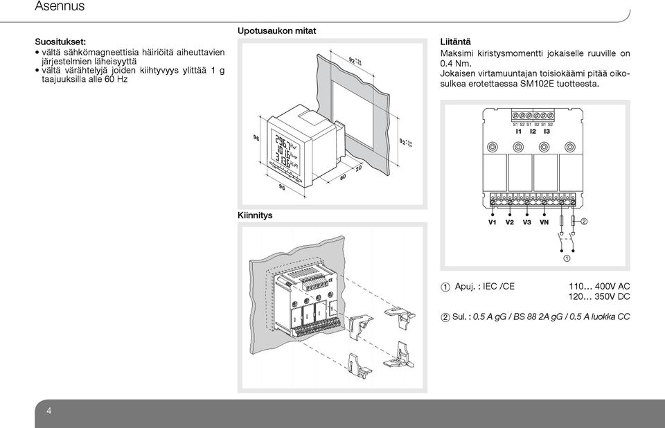 jokaiselle ruuville on 0.4 Nm. Jokaisen virtamuuntajan toisiokäämi pitää oikosulkea erotettaessa SM102E tuotteesta.