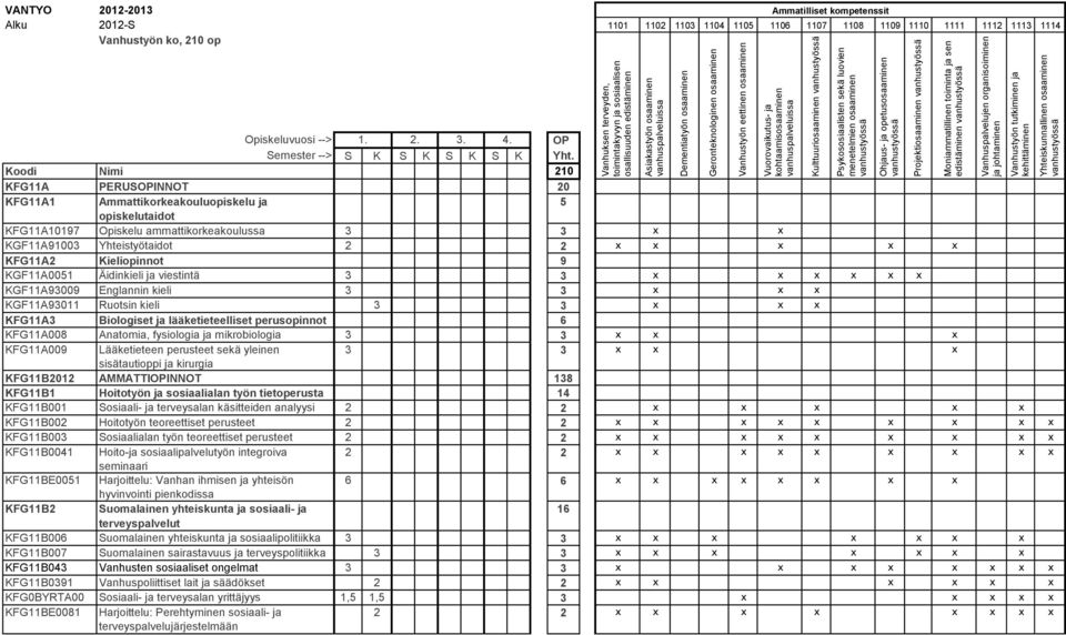 fysiologia ja mikrobiologia 3 3 x x x KFG11A009 Lääketieteen perusteet sekä yleinen 3 3 x x x sisätautioppi ja kirurgia KFG11B2012 AMMATTIOPINNOT 138 KFG11B1 Hoitotyön ja sosiaalialan työn