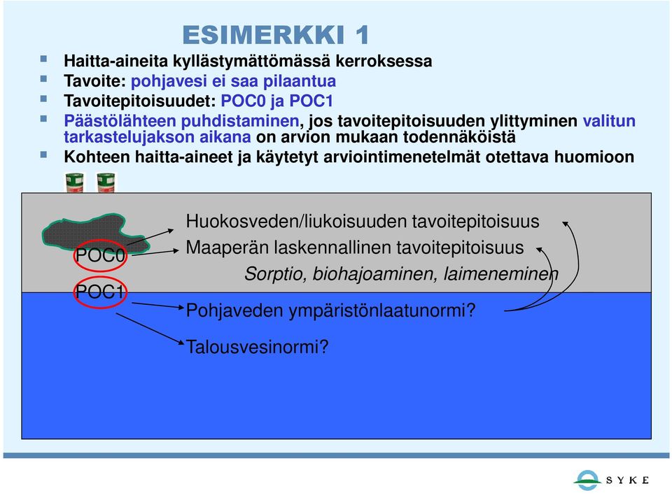 Kohteen haitta-aineet ja käytetyt arviointimenetelmät otettava huomioon POC0 POC1 Huokosveden/liukoisuuden tavoitepitoisuus