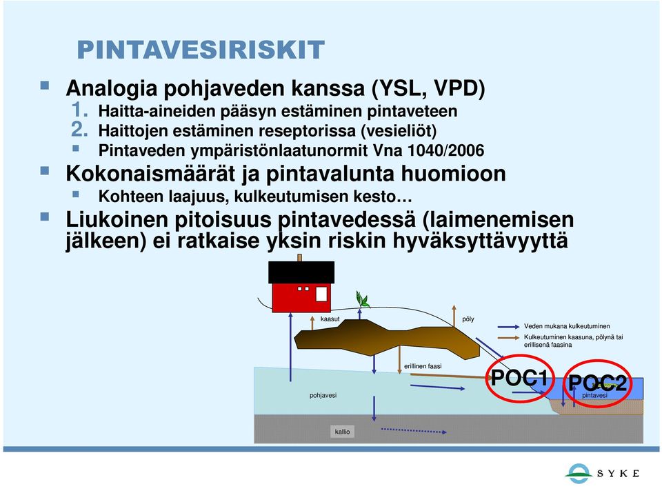 huomioon Kohteen laajuus, kulkeutumisen kesto Liukoinen pitoisuus pintavedessä (laimenemisen jälkeen) ei ratkaise yksin riskin