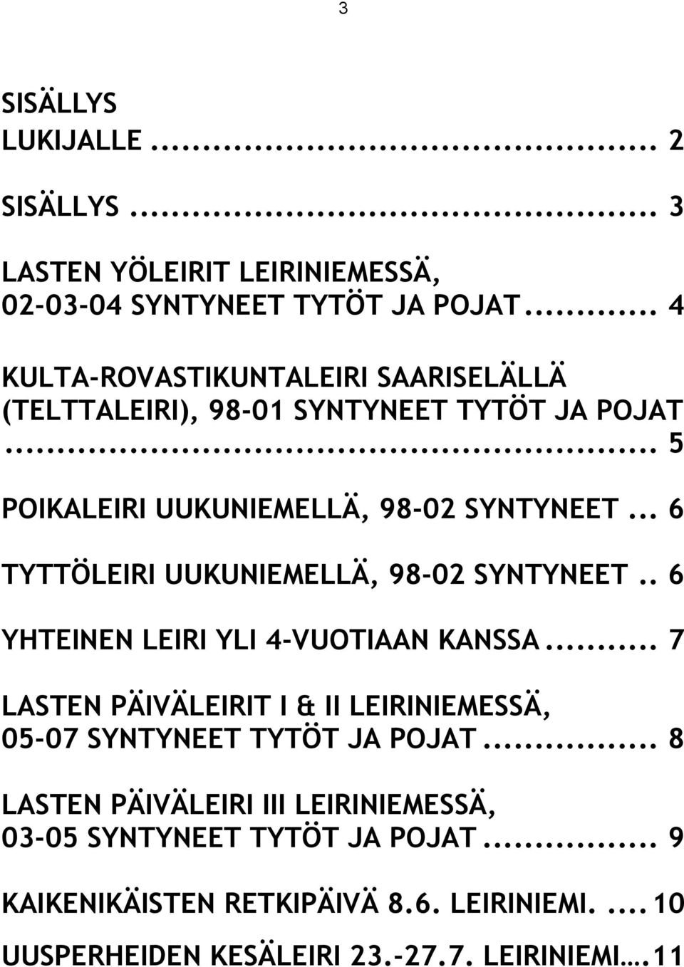 .. 6 TYTTÖLEIRI UUKUNIEMELLÄ, 98-02 SYNTYNEET.. 6 YHTEINEN LEIRI YLI 4-VUOTIN KNSS.