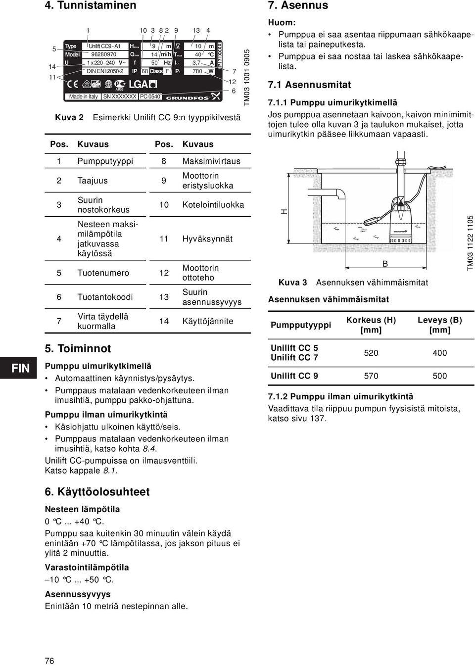 Model 96280970 U 1 x 220-240 V~ DIN EN12050-2 Virta täydellä kuormalla Hmax 9 m PC 100540 m Qmax 3 14 m/h Tmax 40 C f 50 Hz I1/1 3,7 A IP 68 Class F P1 780 W LGA Made in Italy SN XXXXXXX PC 0540 A R