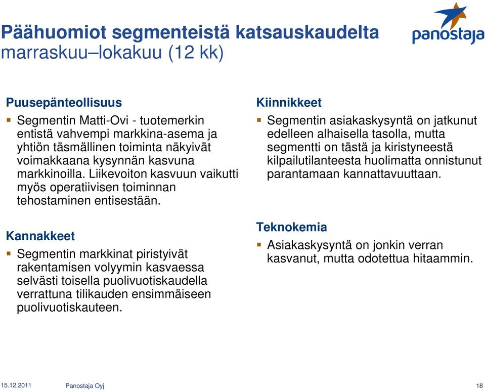 Kannakkeet Segmentin markkinat piristyivät rakentamisen volyymin kasvaessa selvästi toisella puolivuotiskaudella verrattuna tilikauden ensimmäiseen puolivuotiskauteen.